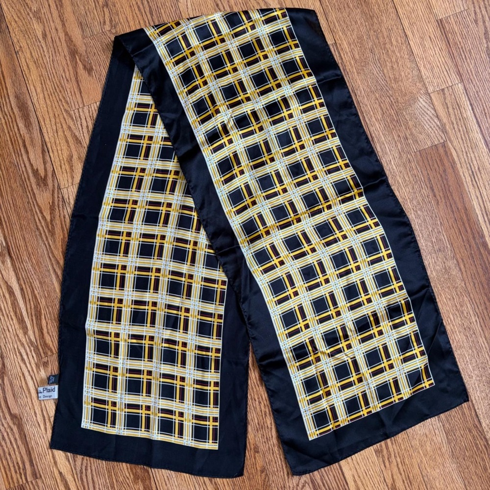 A Studio Vintage Silk Scarf Black Yellow Plaid Geometric Long Rectangular 60x12